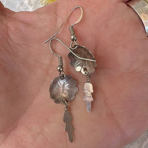 Vintage Sterling & Turquoise Flower Concho Feather Dangle Earrings - Picture 3 of 6